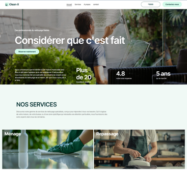 Un homme nettoie une vitre avec une raclette. Page d'accueil du site web Clean-X.