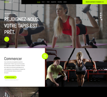 Page d'accueil du site web montrant des personnes en pleine forme s'entraînant et l'appel à l'action : « Commencer ».