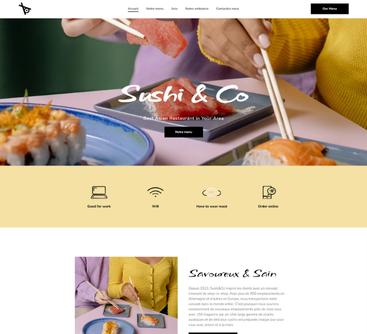 Site web d'un restaurant de sushis présentant des sushis en train d'être dégustés
