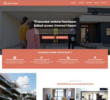 Page d'accueil du site web d'Immo'rizon, une agence immobilière. Un couple visite une maison.