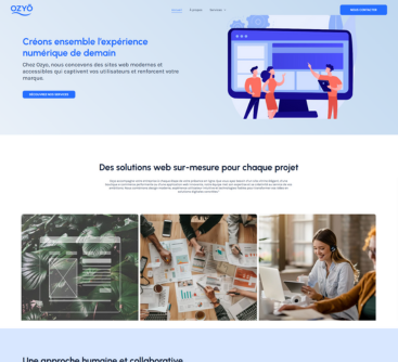 Page d'accueil d'un site web faisant la promotion de solutions web ; illustration de personnes autour d'un ordinateur.