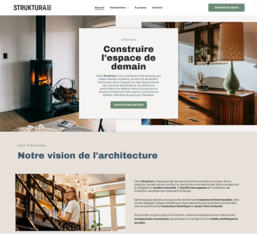 Page d'accueil de « Struktura », site dédié à la conception architecturale, comprenant textes, photographies et navigation.