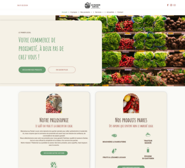 Site web promouvant les produits locaux. Texte superposé à une photo de légumes.