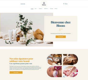 Page d'accueil du site web du spa Bloom présentant des photos de produits de beauté et de soins.