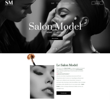 Maquilleuse appliquant du maquillage à un mannequin. Site web de Salon Model avec des images en noir et blanc.