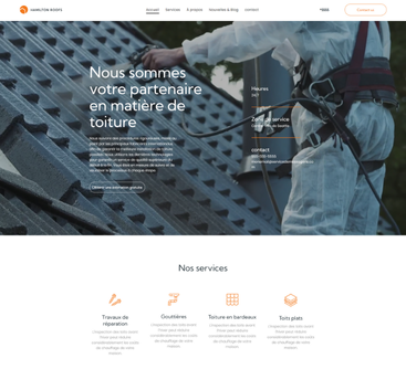 Roofer working on a roof, website homepage. Text: 