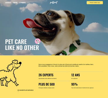 Carlin tirant la langue et portant un collier ; page d’accueil d’un site web de soins pour animaux de compagnie. 