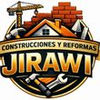 Logotipo para "Construcciones y Reformas JIRAWI" una gr&uacute;a de construcci&oacute;n, una pared de ladrillos, un techo de casa