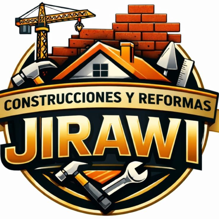 Logotipo para "Construcciones y Reformas JIRAWI" una gr&uacute;a de construcci&oacute;n, una pared de ladrillos, un techo de casa