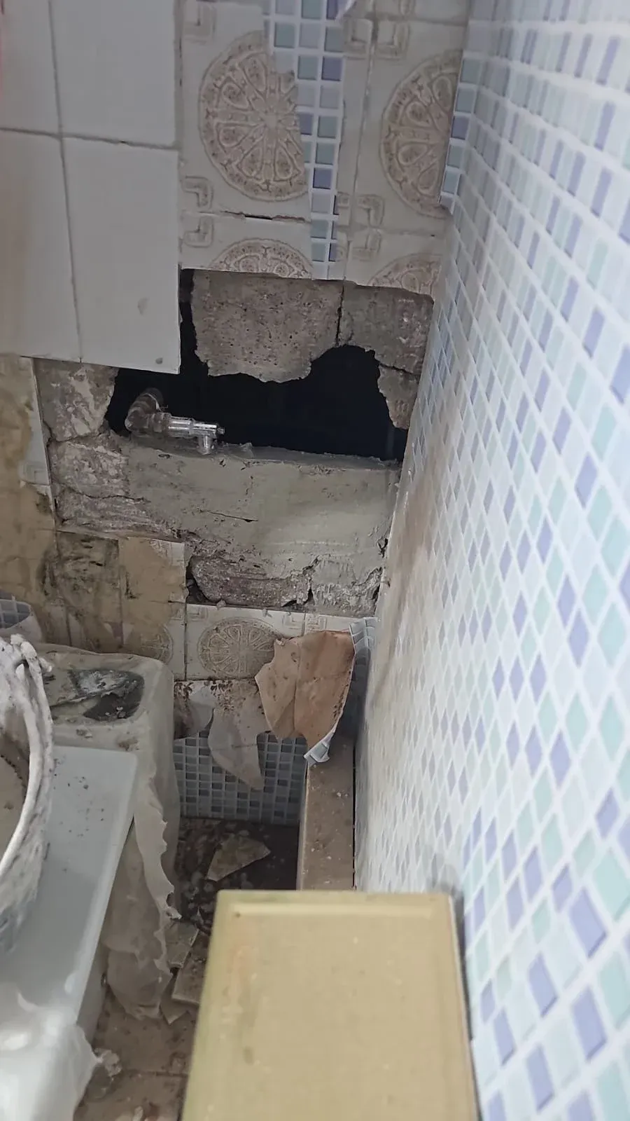 Pared del baño dañada con ladrillos a la vista y un gran agujero junto a azulejos estampados y un inodoro.