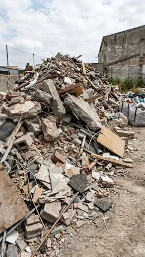 Gran montón de escombros de construcción y hormigón roto junto a un muro en el exterior.