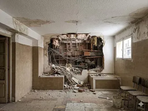 Habitación dañada con pared derrumbada, escombros, techo roto y sillas a lo largo del lado derecho.