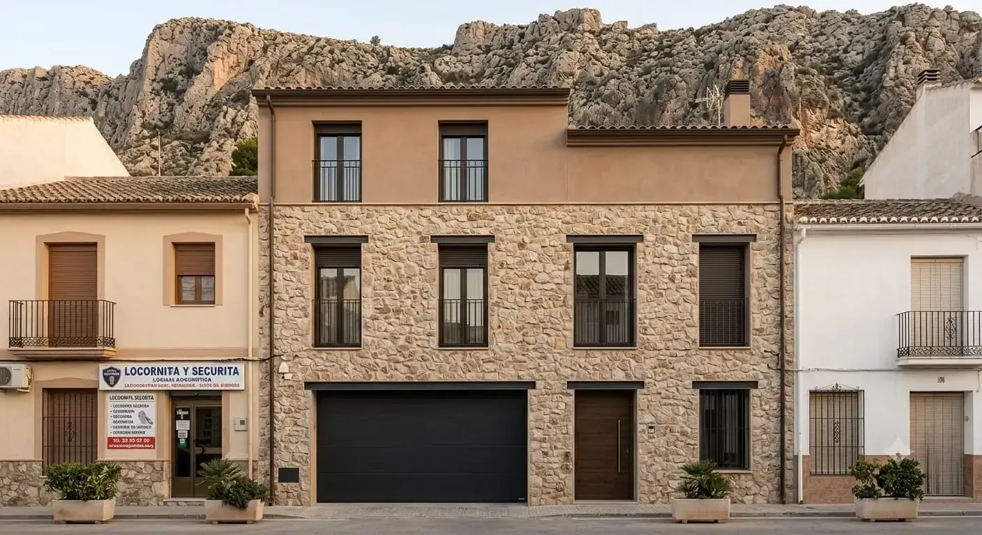 Hilera de casas adosadas de estilo mediterráneo con fachadas de piedra y acantilados de montaña al fondo.