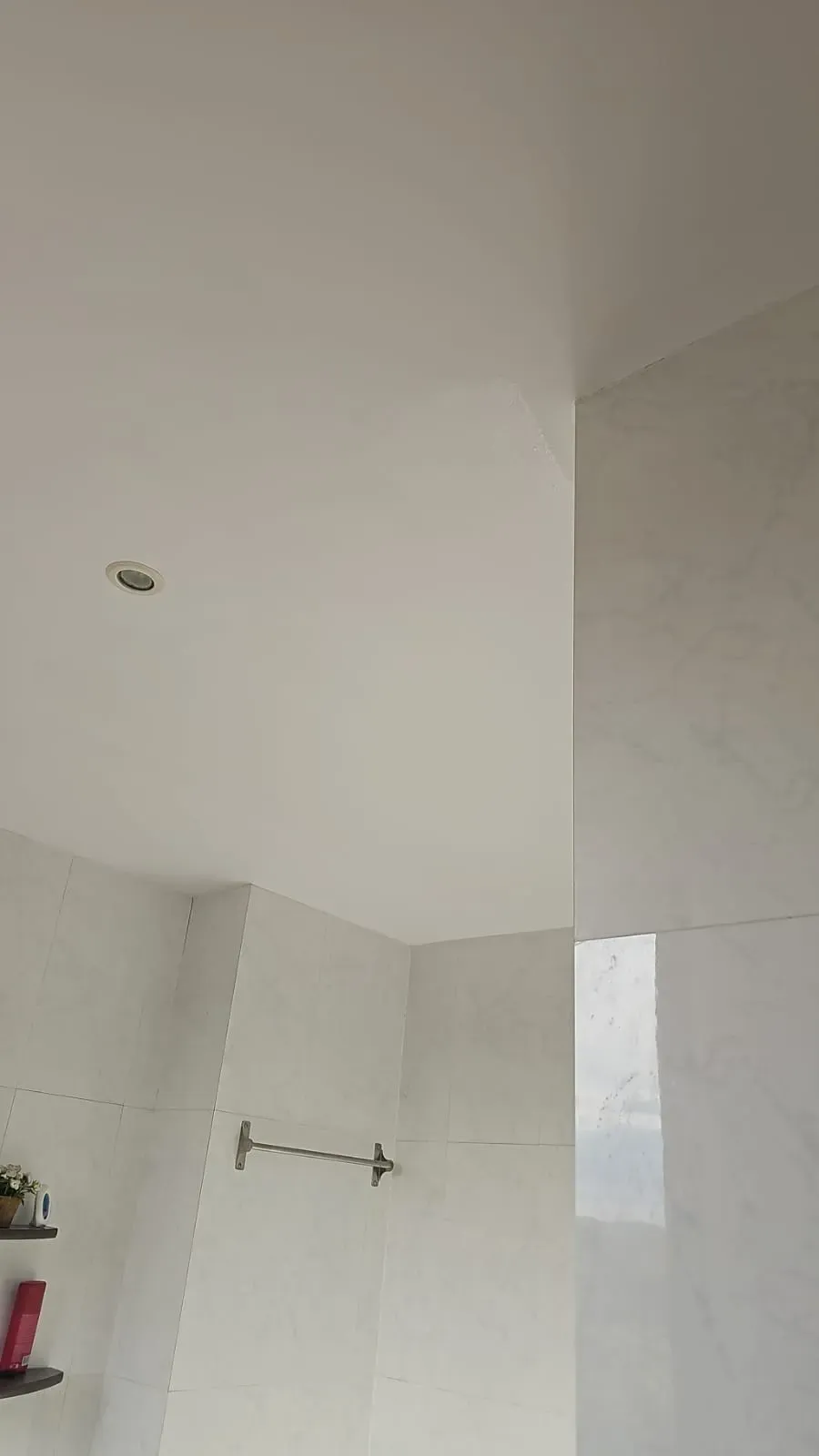 Techo blanco del baño y pared de la ducha con toallero y pequeña lámpara de techo.