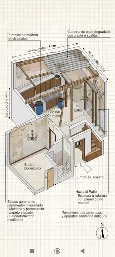 Plano de planta en sección de una casa que muestra las habitaciones