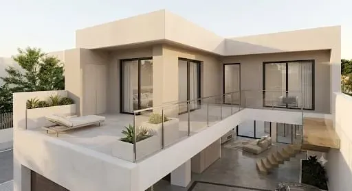 Moderna casa de lujo de color beige con grandes ventanales, terraza abierta y piscina en la planta baja.