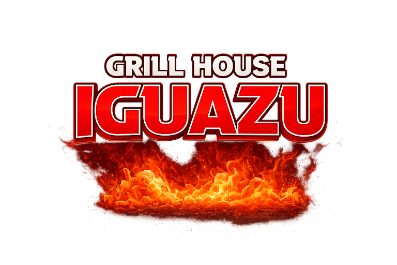 Logotipo de Grill House Iguazu con texto rojo en negrita sobre un gr&aacute;fico de llamas ardientes.