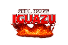 Logotipo de Grill House Iguazu con texto rojo en negrita sobre un gráfico de llamas ardientes.