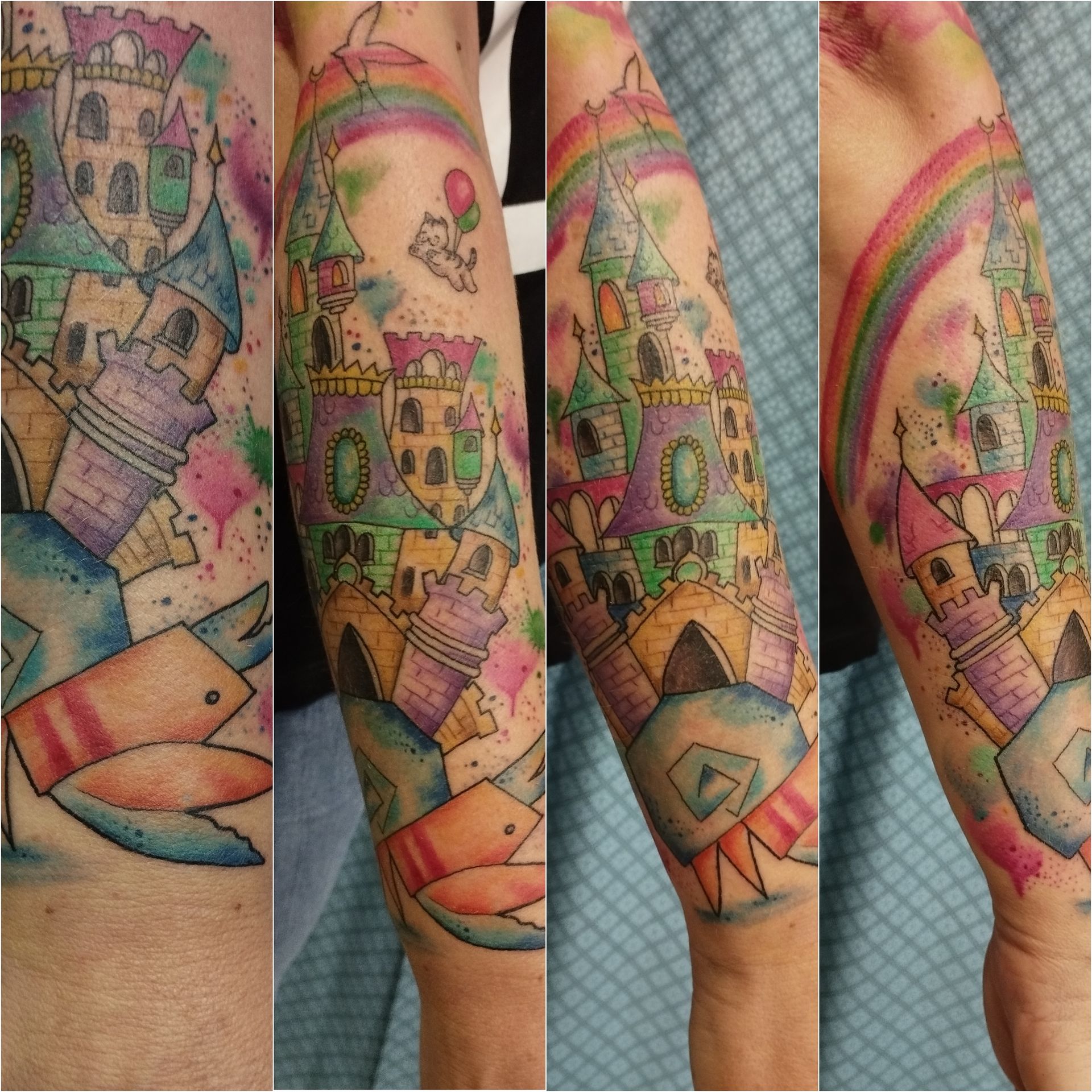 Tatuaje colorido en el antebrazo: castillo caprichoso, arcoíris, estilo acuarela, caricaturesco, pez azul y naranja.