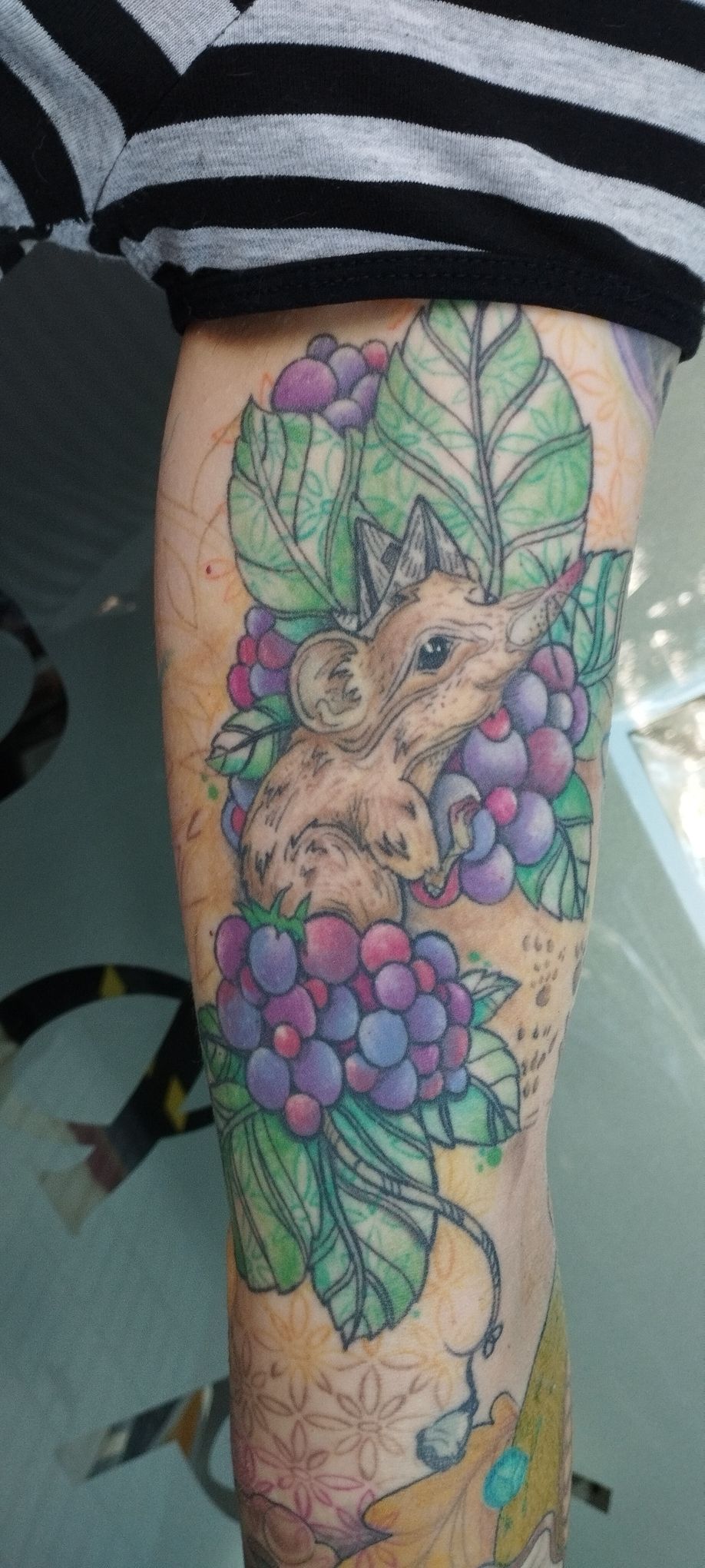 Tatuaje de un ratón entre uvas y hojas en el brazo. Colores verde, morado y beige.