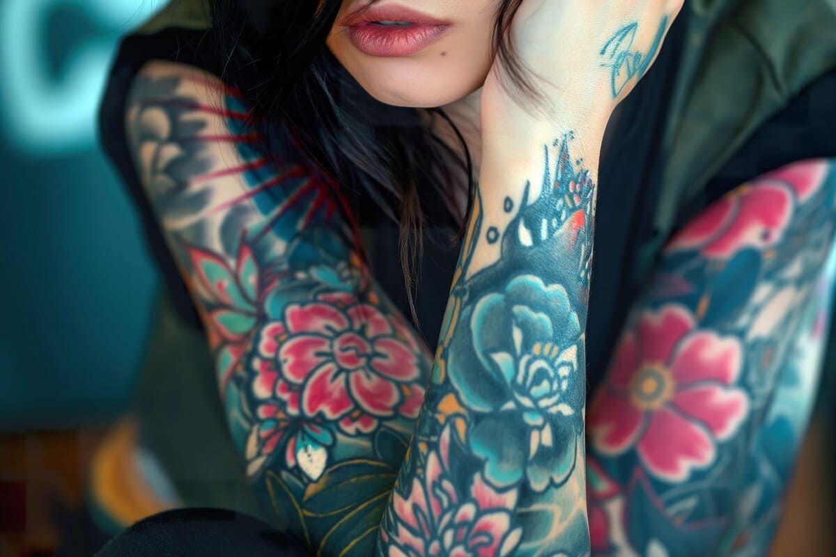 Mujer con tatuajes de flores de colores en toda la manga; rostro en reposo, cabello oscuro.