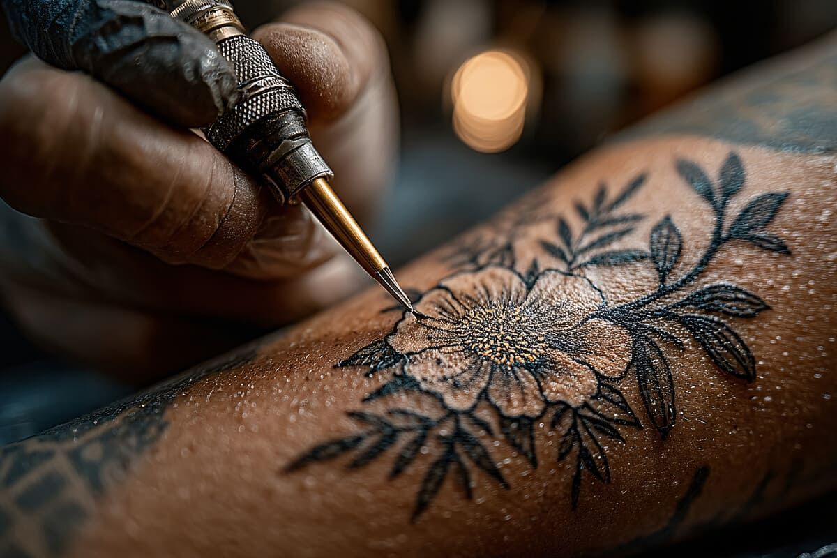 Mano de un tatuador tatuando un diseño floral negro detallado en el brazo de una persona.