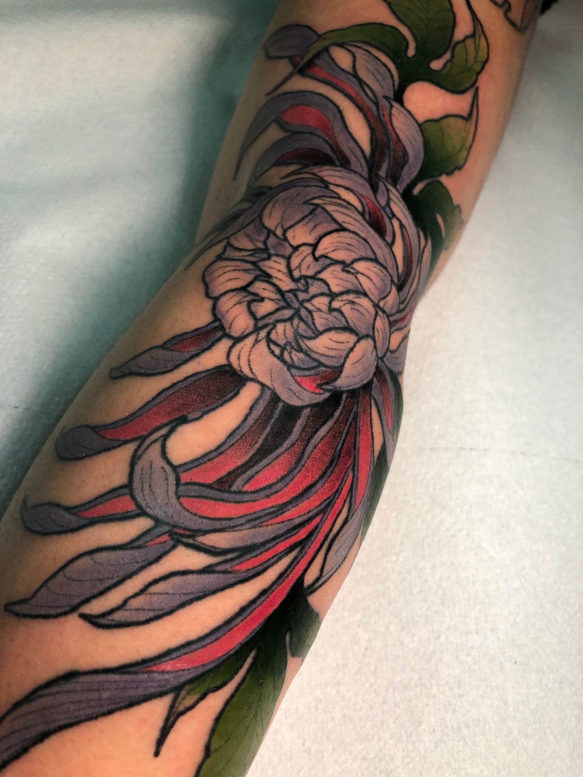 Tatuaje de una flor de crisantemo grande, gris y roja en un brazo, con hojas verdes.