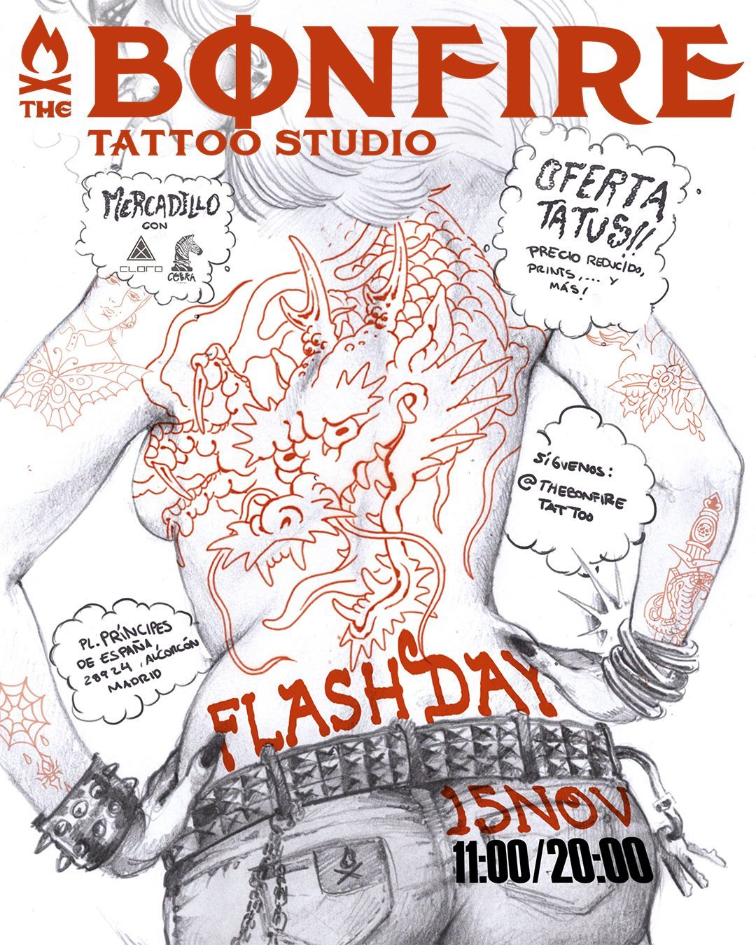 Póster del Flash Day de The Bonfire Tattoo Studio, con la espalda de una mujer con un tatuaje de dragón. Incluye fecha, hora y oferta.