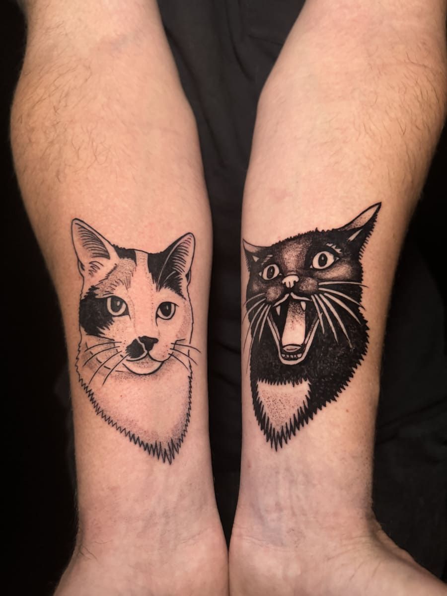 Dos tatuajes de caras de gato en blanco y negro en los antebrazos; uno tranquilo, el otro con la boca abierta y sorprendido.
