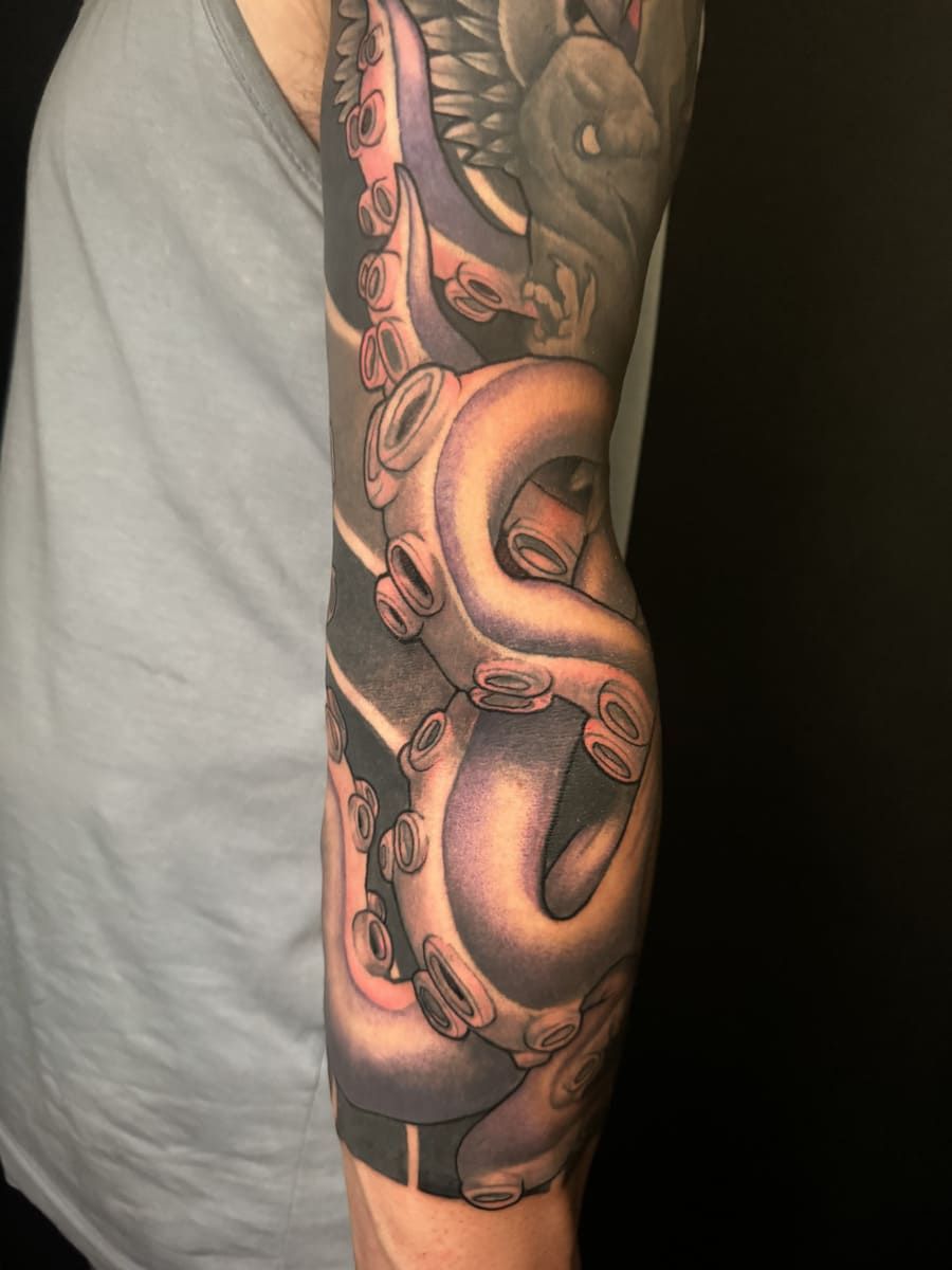 Brazo con tatuaje de pulpo, sombreado negro y gris, tentáculos detallados, tono de piel visible.