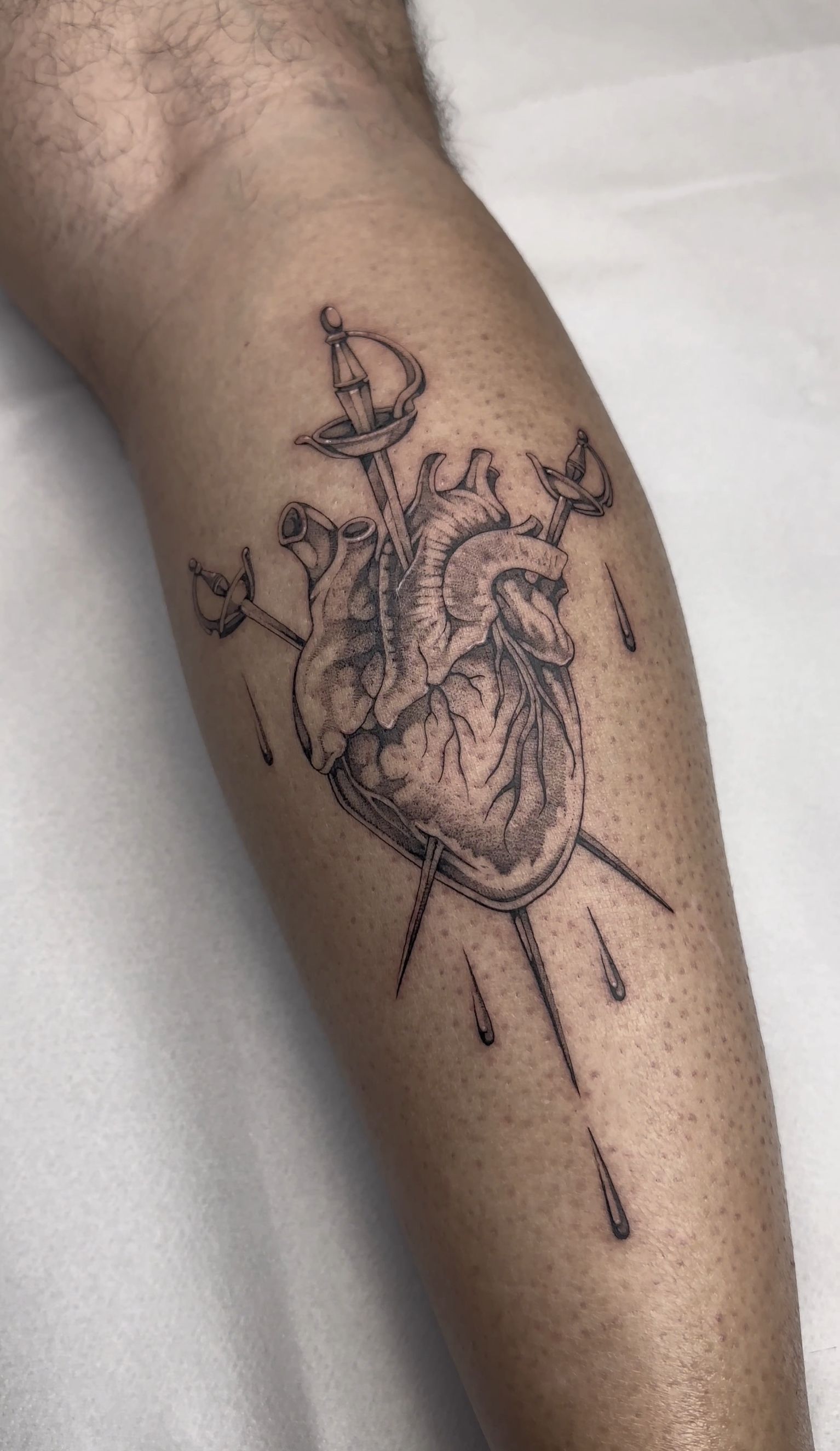 Tatuaje de un corazón humano atravesado por tres espadas en una pierna, con sombreado punteado y líneas goteando.
