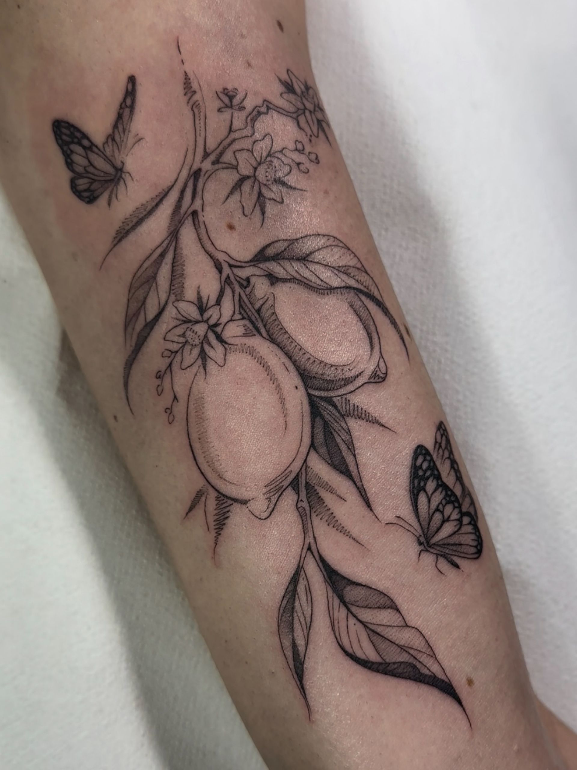 Tatuaje de una rama de limón con dos limones, hojas, flores y dos mariposas en un brazo.