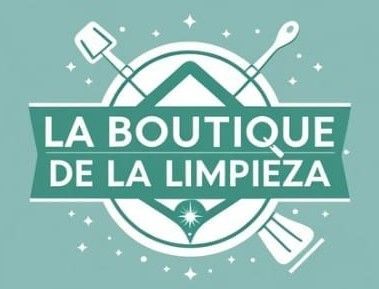 Logotipo: Emblema verde azulado y blanco para "La Boutique de la Limpieza" con herramientas de limpieza.