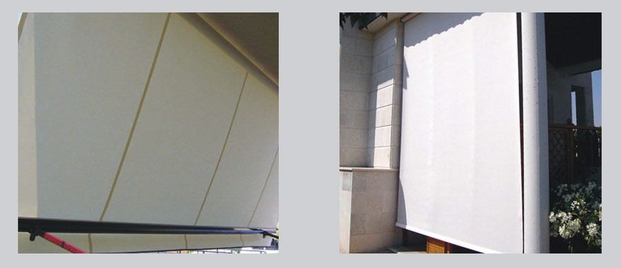 Dos imágenes de un toldo blanco en un edificio.