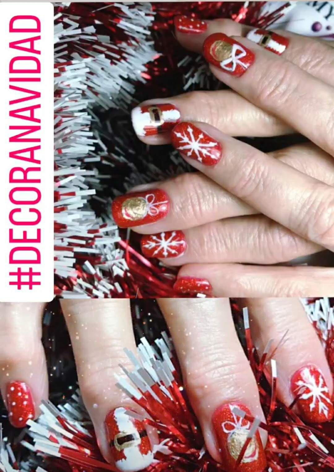 Arte de uñas con temática navideña en uñas rojas y blancas, con diseños de lazos, copos de nieve y Papá Noel.