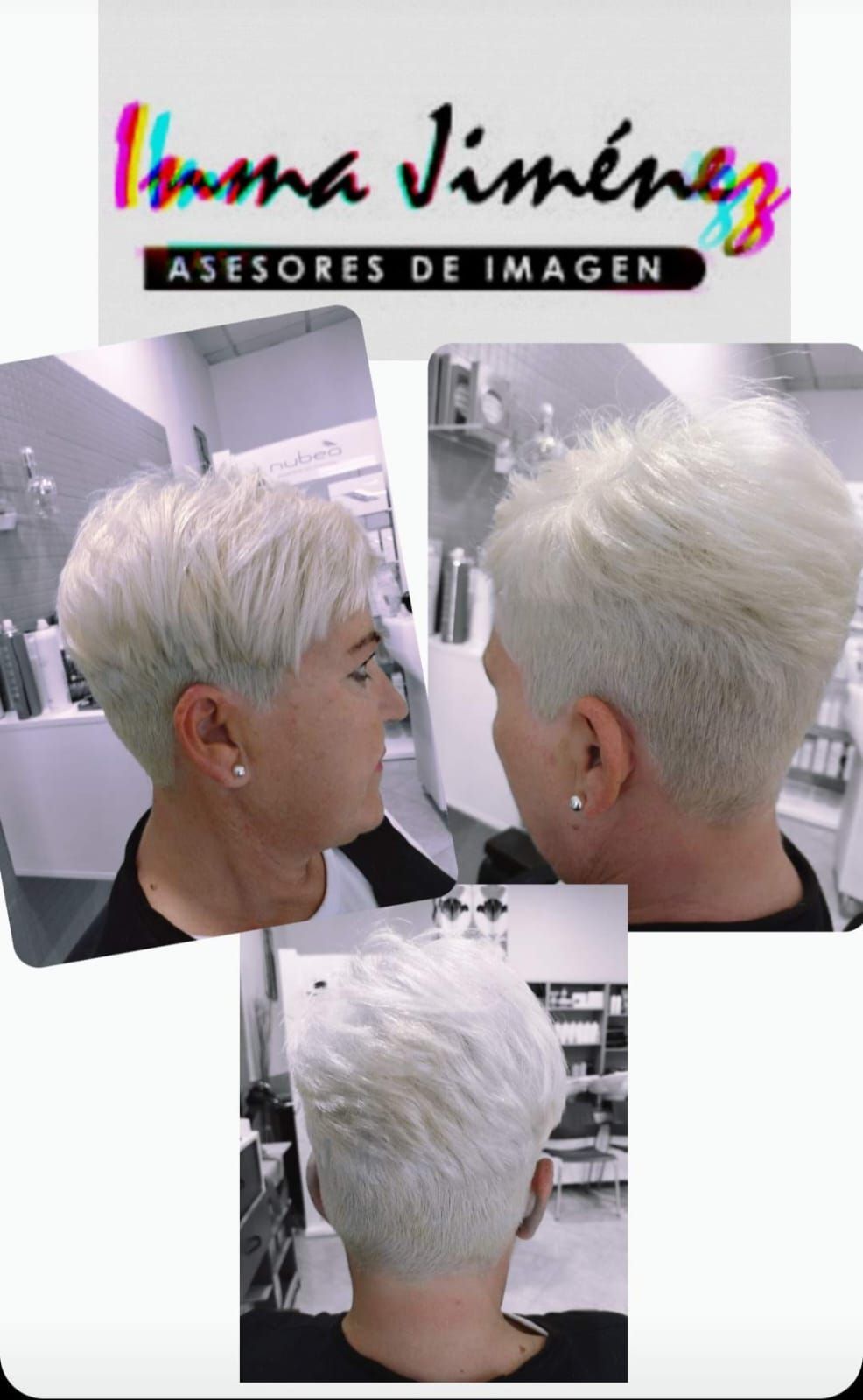 Mujer con cabello corto y claro, peinada en un salón. Tres vistas: lateral, posterior y posterior.