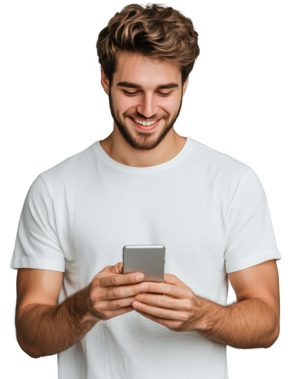 Un homme regarde son téléphone en souriant