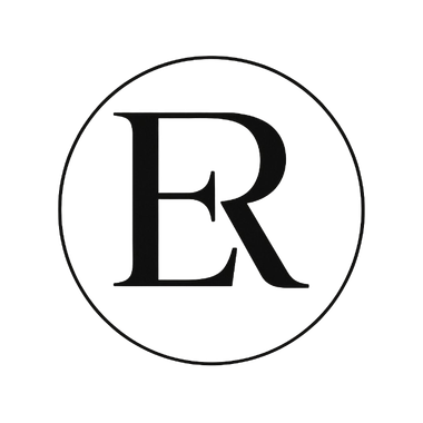 Logotipo en blanco y negro con las letras "E" y "R" con serifa combinadas dentro de un fino borde circular.