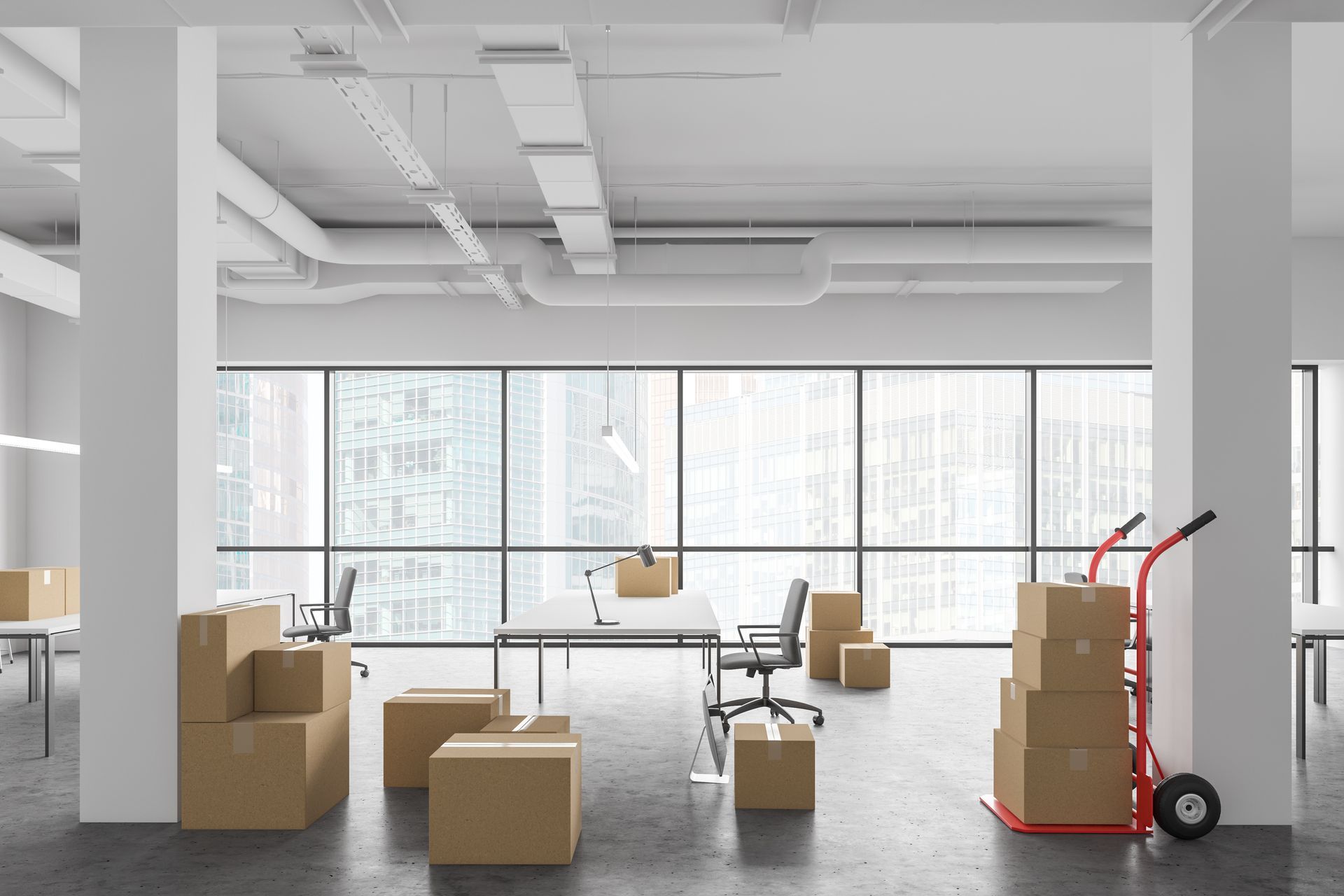 Bureaux d'une usine en cours de déménagement