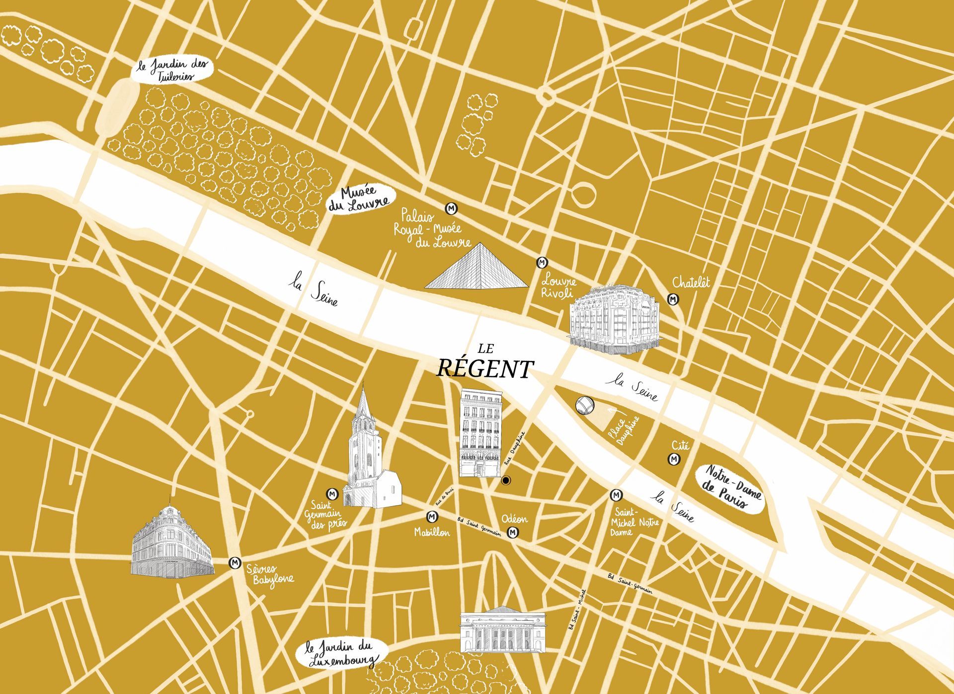 Carte de Paris avec les monuments. La Seine la traverse.