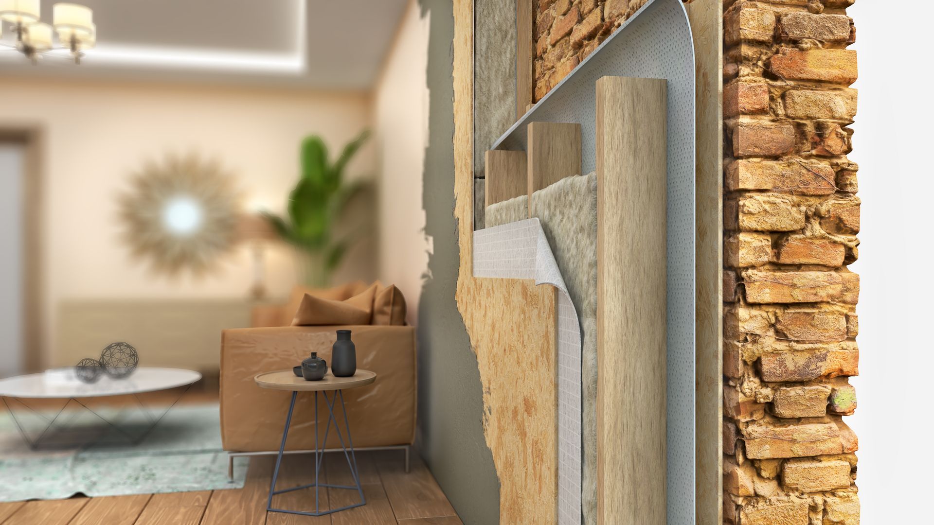 Vue en coupe d'une pièce moderne montrant les couches apparentes des murs et l'isolation.