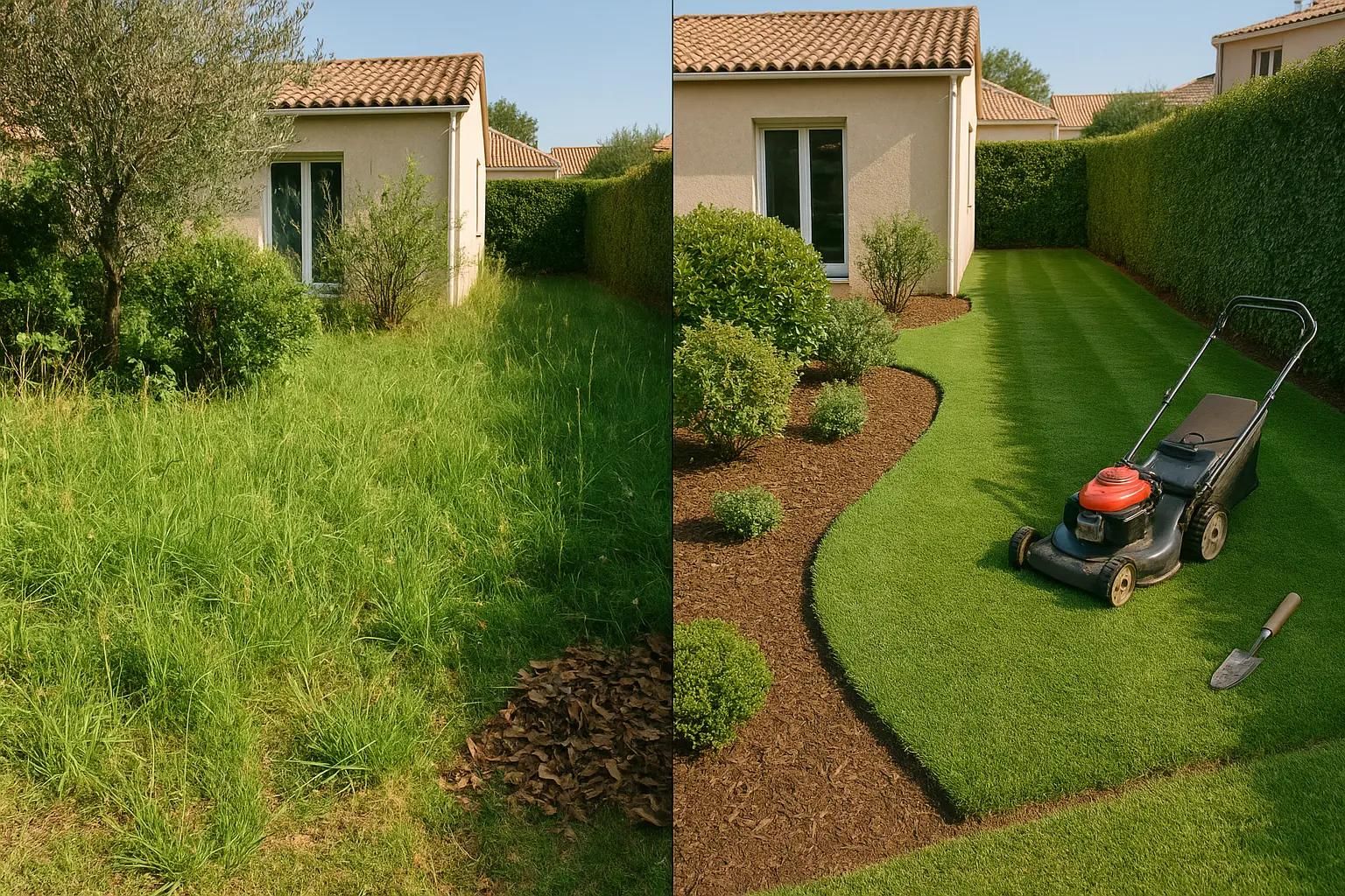 Vue partagée d'une pelouse avant et après la tonte, avec une tondeuse coupant une pelouse verte et bien entretenue à côté d'une maison