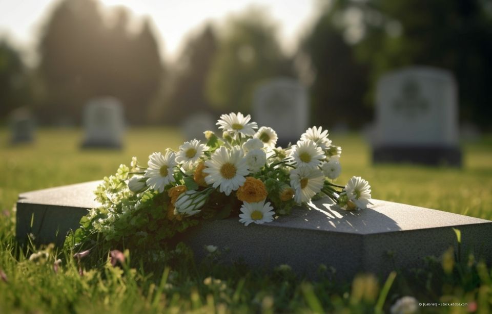 Weiße Gänseblümchen und Grünzeug auf einem Grabstein in einem sonnenbeschienenen Friedhof