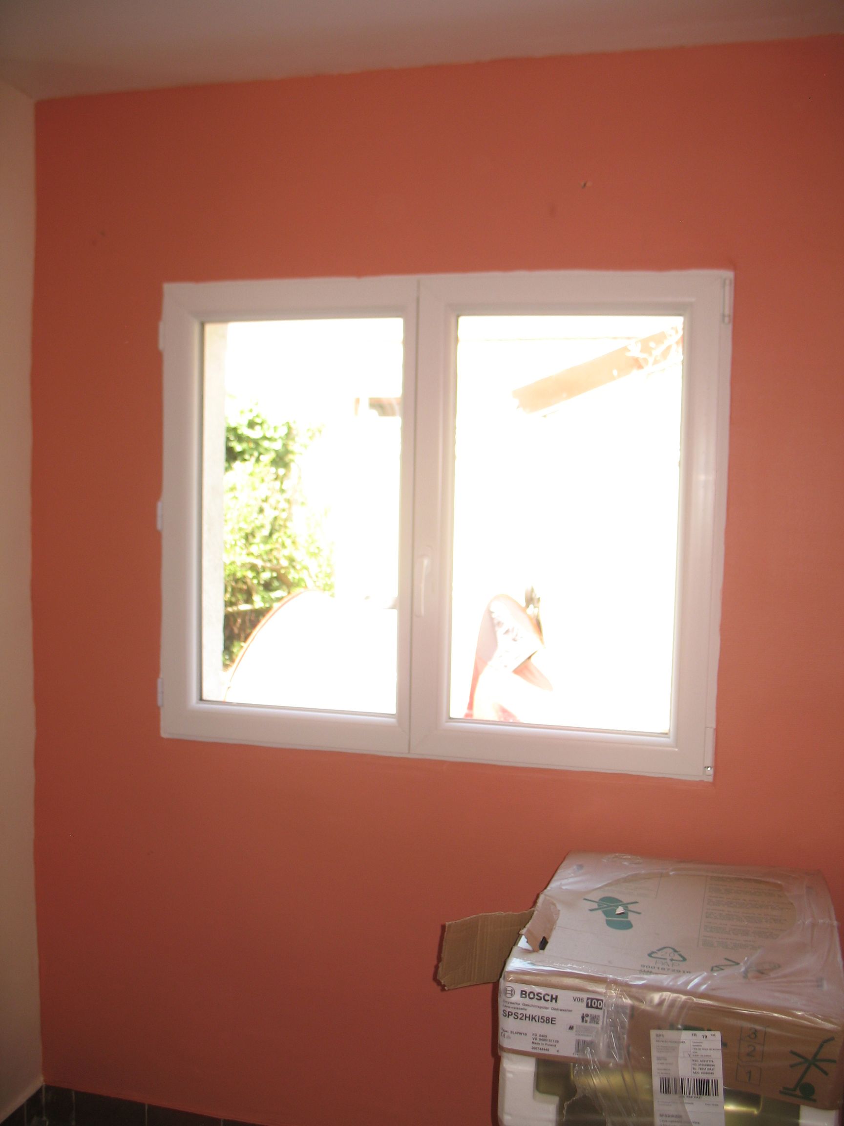 Fenêtre dans une pièce aux murs corail et aux moulures blanches. La lumière du soleil brille à travers.