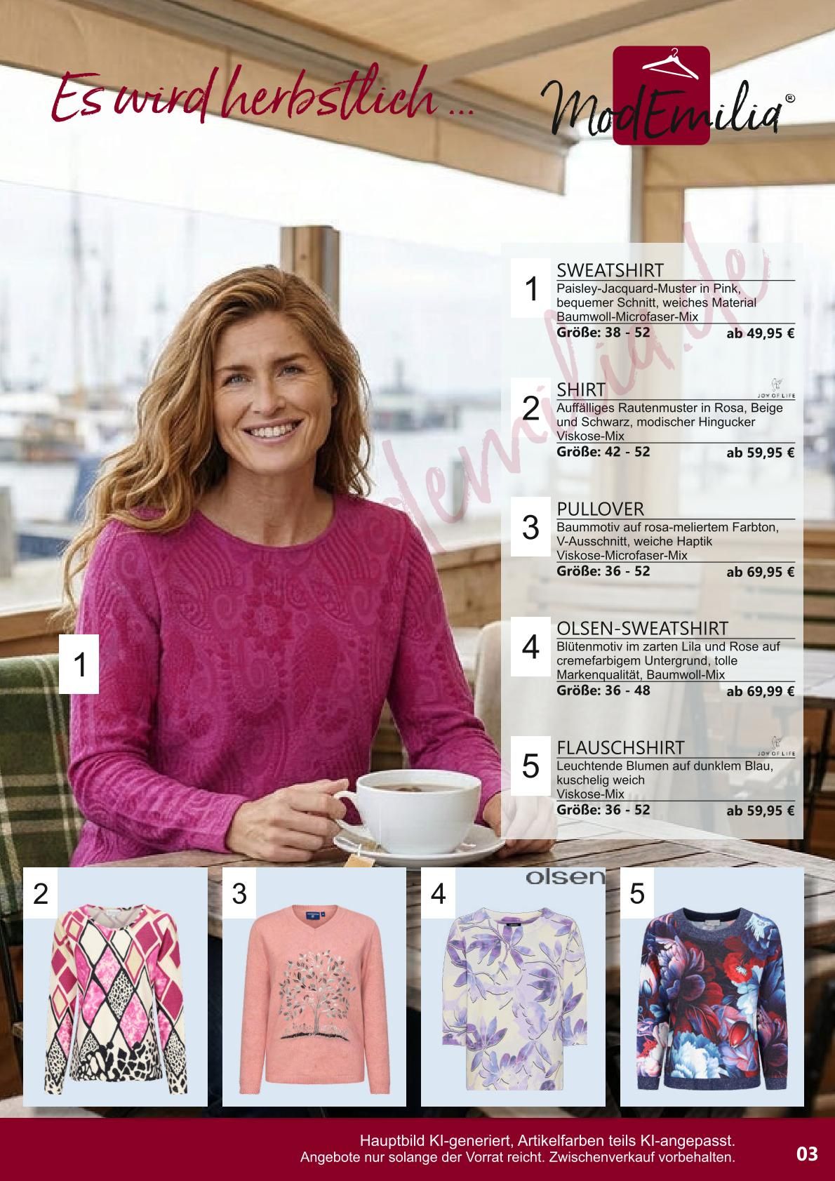 Frau in rosa Pullover mit Kaffee, umgeben von nummerierten Pulloverdesigns und Einkaufsdetails.