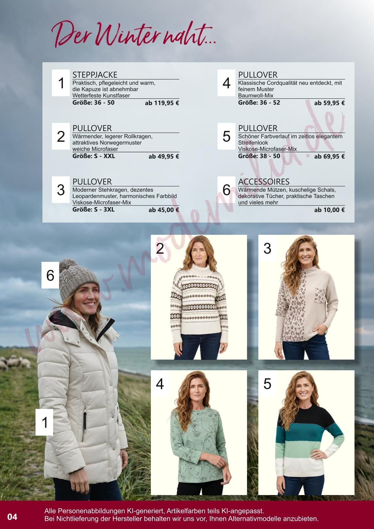 Seite aus einem Wintermodekatalog mit sechs Damen-Oberbekleidungsoutfits und einer Textliste mit Winterstilen.