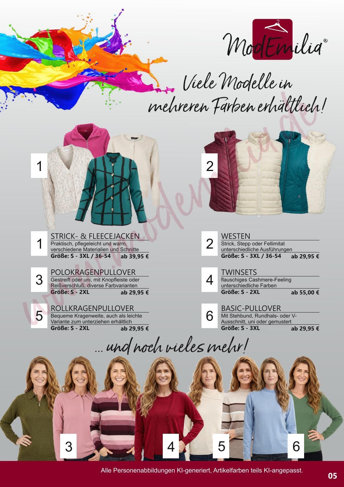 Collage aus einem Modekatalog mit farbenfrohen Jacken, Pullovern und gemusterten Oberteilen sowie nummerierten Outfit-Optionen.