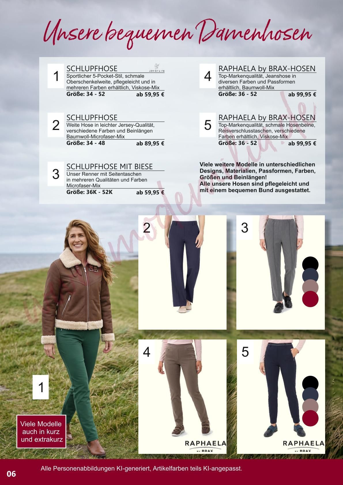 Katalogseite für Damenjeansmodelle mit Passformdiagrammen, Fotos und Wasch-/Farbmustern