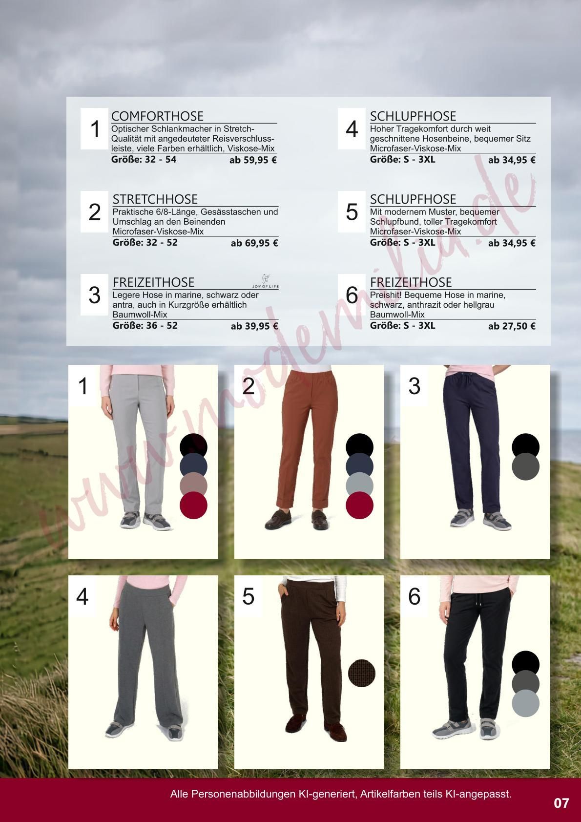 Seite aus einem Bekleidungskatalog mit nummerierten Oberteilen und Hosen sowie sechs Outfit-Beispielen an Models.