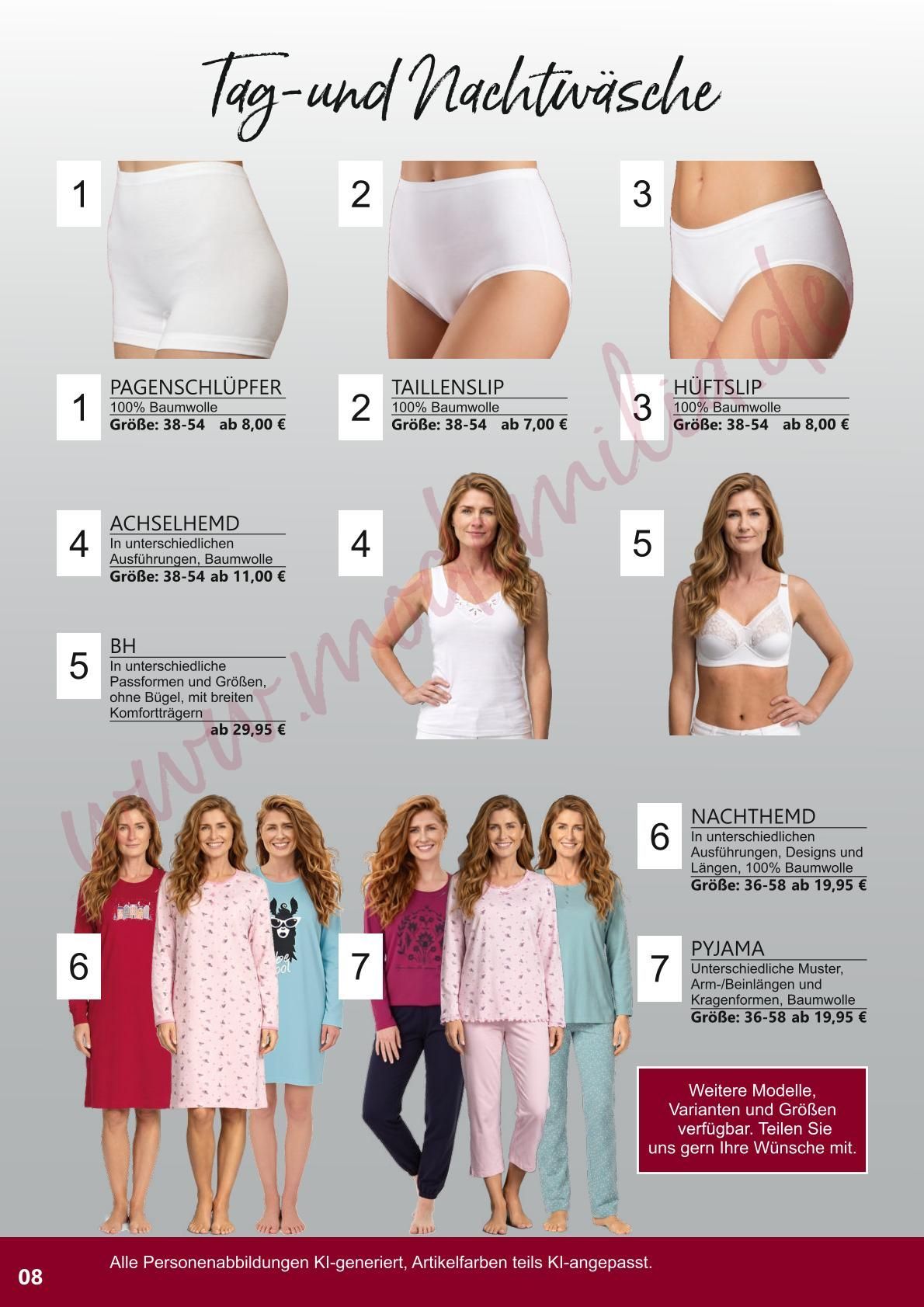 Collage aus einem Bekleidungskatalog mit weißer Unterwäsche und Pyjamas in verschiedenen nummerierten Ausführungen auf rosa Hintergrund